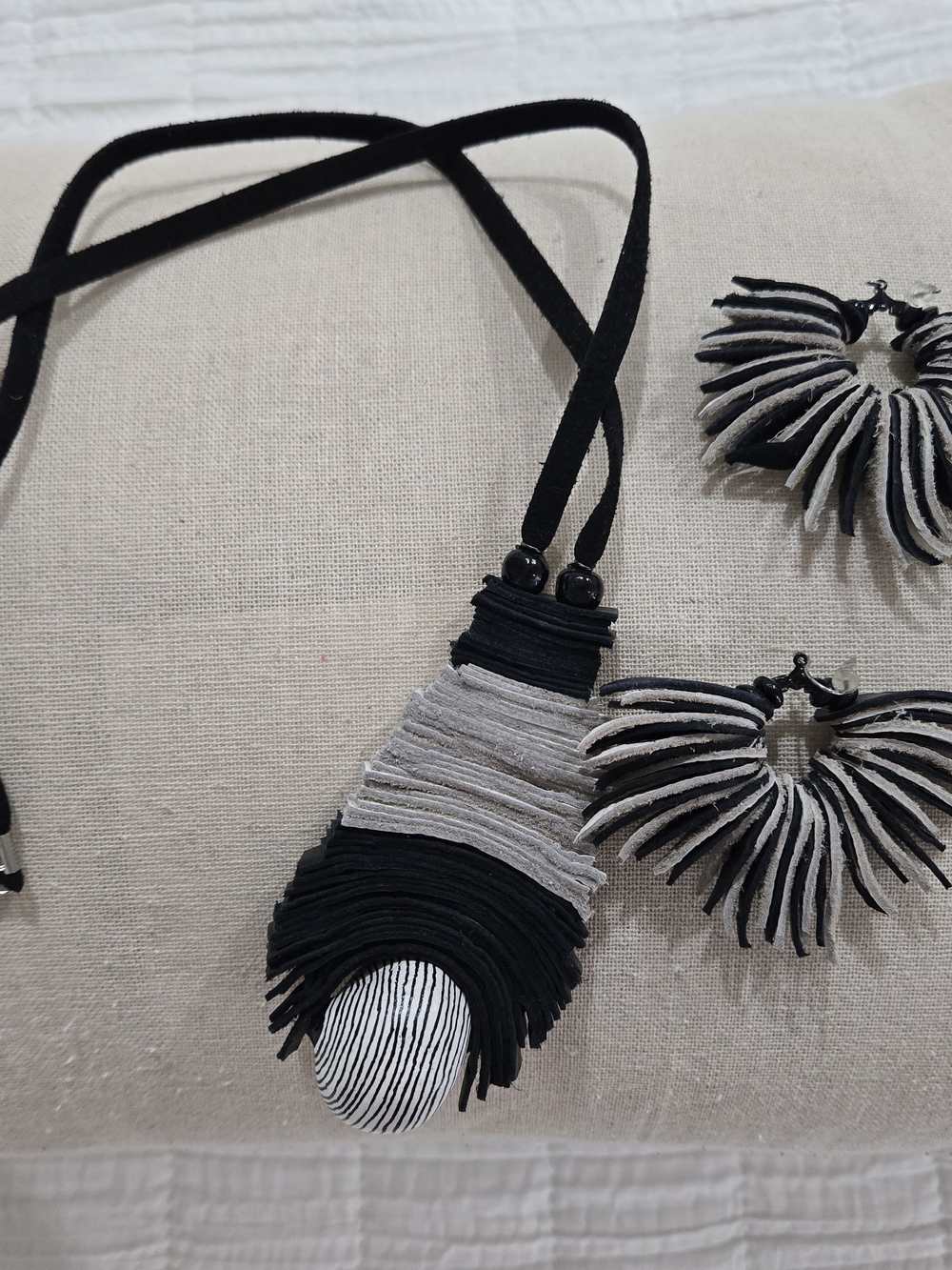 Handcrafted Black and Gray Fringe Necklace & Earring Set